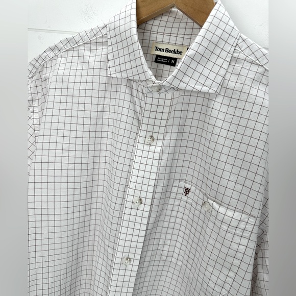 Tom Beckbe Cotton Spread Collar Shirt White Check Long Sleeve Business Casual M - Picture 3 of 11